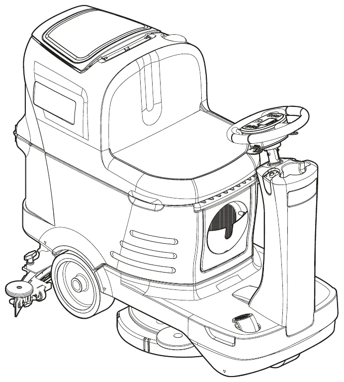 Line drawing of the SC2000 ride-on scrubber-dryer seen from the front left, with the operator seat, steering wheel and control panel, recovery tank cover, rear drive wheel, squeegee at the rear and brush deck underneath