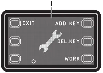 User key management display screen I showing EXIT, ADD KEY, DEL.KEY and WORK options