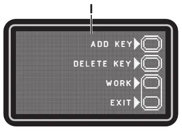 User key management screen I with menu items Add Key, Delete Key, Work and Exit, each beside a push-button