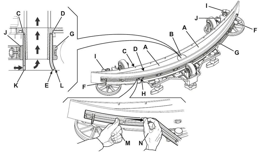 Squeegee assembly seen from above with lettered callouts A to N: compartments A, vacuum hole B, front blade C, rear blade D, worn corner E, tab F, elastic strap G, fasteners H, handwheels I, front strap J, blade lips K and L, and two hands M and N fastening the elastic strap; a cutaway at upper left shows the blade lips resting on the floor