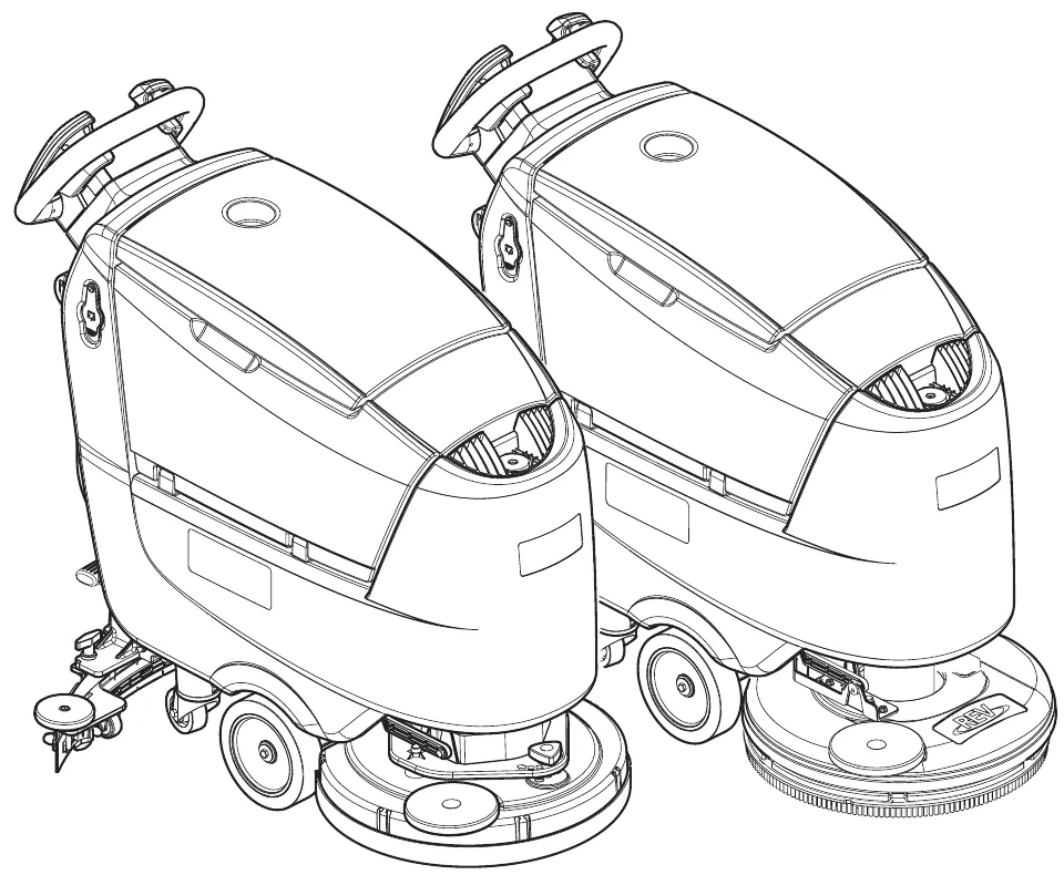Two SC500 walk-behind scrubber-dryers shown side by side, the left with a disc brush deck and the right with a REV deck