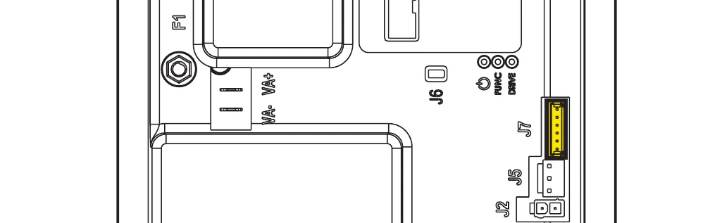 Part of the main machine controller board with the J7 connector (6-way) highlighted in yellow; F1, J6, J5, J2, VA+ and VA- are labeled