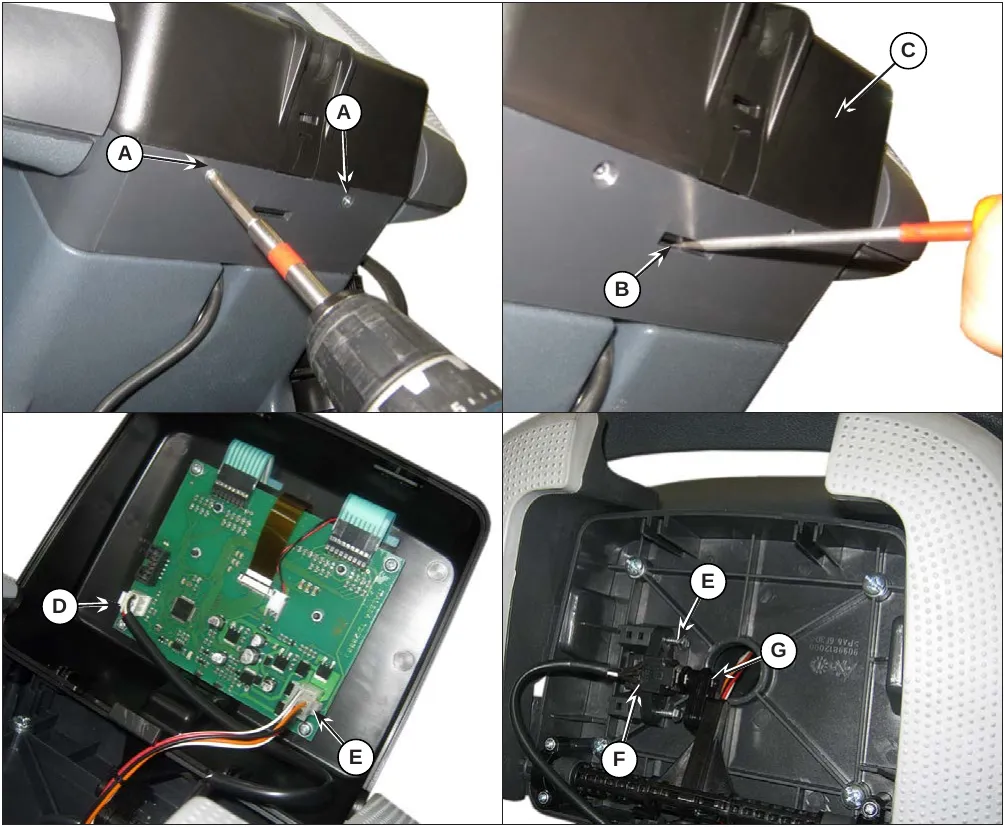 Four photos of the speed potentiometer removal: screws (A) in the user interface controller cover, retaining tab (B) and cover (C), connections (D) and (E) on the display controller board, and hex screws (F) with potentiometer (G) in the handlebar
