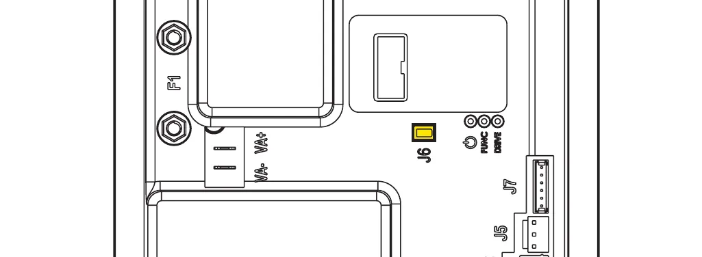 Main machine controller circuit board with the J6 jumper (2-way) highlighted in yellow; F1, J5, J7, VA+ and VA- are labeled
