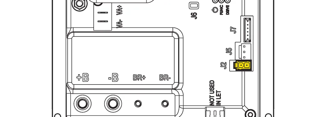 Lower part of the main machine controller board with the J2 connector (2-way) highlighted in yellow; J5, J6, J7, VA+, VA-, +B, -B, BR+ and BR- are labeled