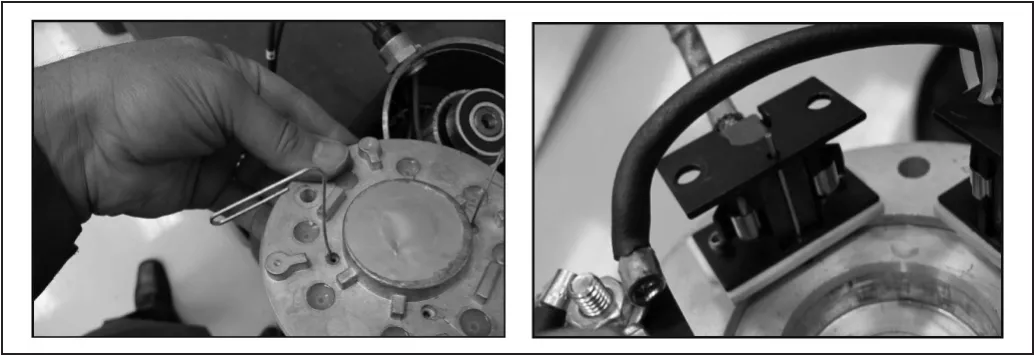 Two photos: left, a paper clip inserted through the access hole in the end plate to hold a carbon brush back; right, a carbon brush in its holder with the wire routed in front of it