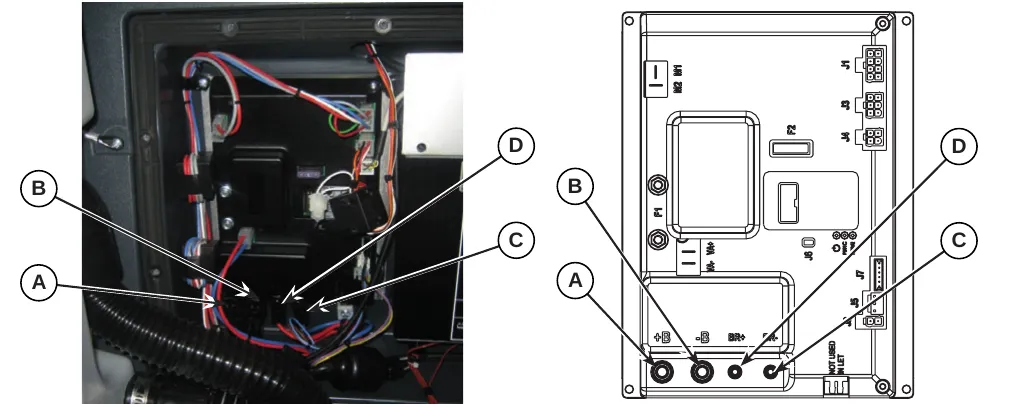 Left: photo of the electronic component compartment with the connections marked by letters; right: drawing of the Main machine controller with the same letters (A and B at the B+ and B- terminals, C and D at the BR+ and BR- terminals)
