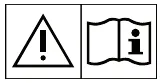 Two square symbols side by side: a warning triangle with an exclamation mark, and an open book with an information mark
