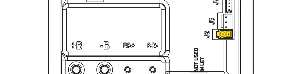 Part of the main machine controller board with the J2 connector (2-way) highlighted in yellow; J5, J7, +B, -B, BR+ and BR- are labeled