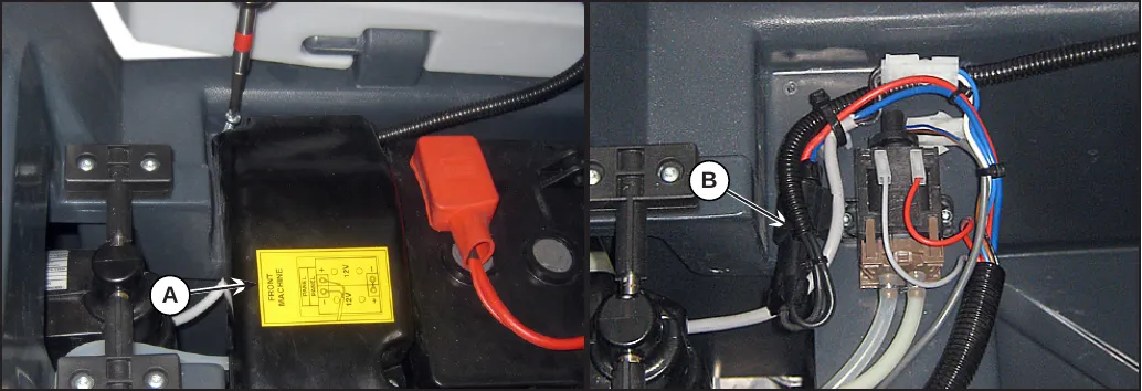 Two photos: the cover (A) over the battery area, and the connector (B) with its wiring