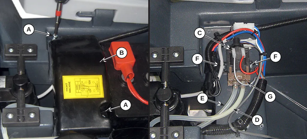 Two photos: the cover B over the battery compartment with screws A, and the piston detergent pump with connectors C, tank hose D, brush hose E, screws F and pump G