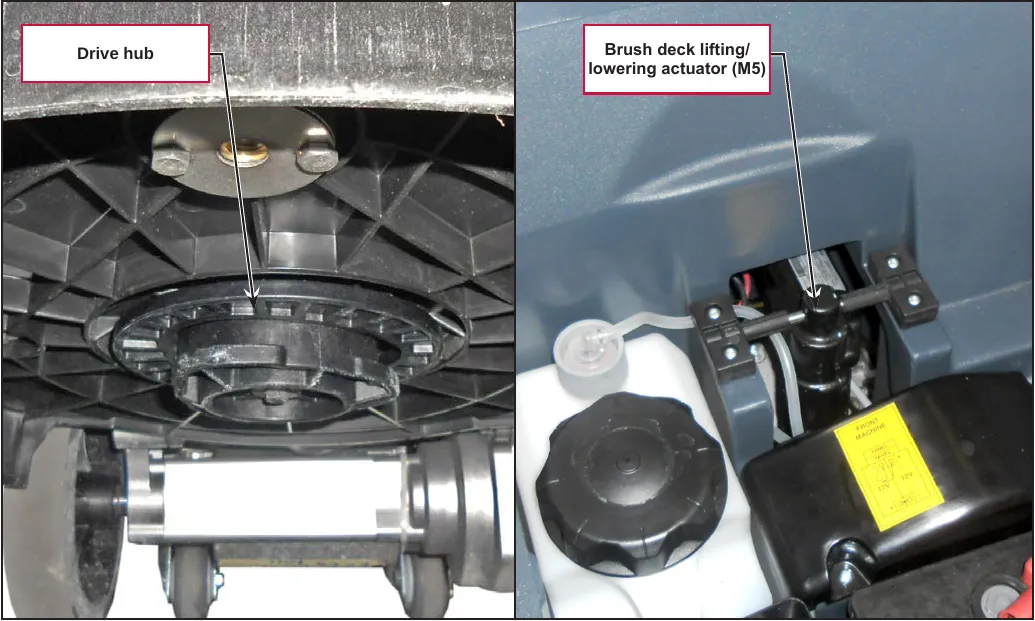 Two photos: the drive hub seen from under the disc brush deck, and the brush deck lifting/lowering actuator (M5) next to the solution tank.