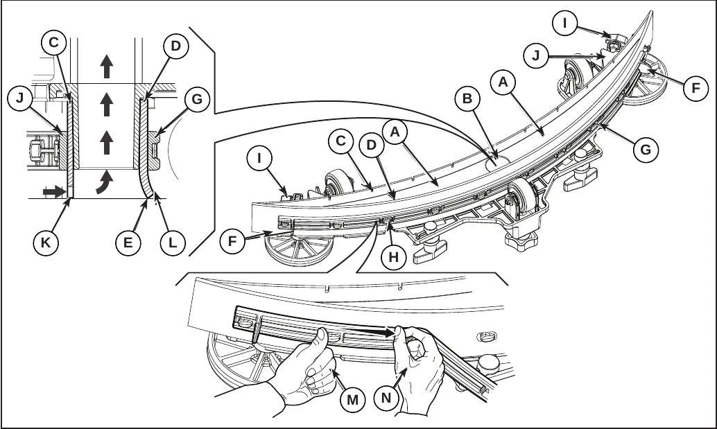 Drawing of the squeegee with enlarged views: blade cross-section with lips K and L and corner E, the rear blade elastic strap (G) on fasteners (H) with tab (F), hands (M) and (N) fitting the strap, and handwheels (I) with front strap (J)