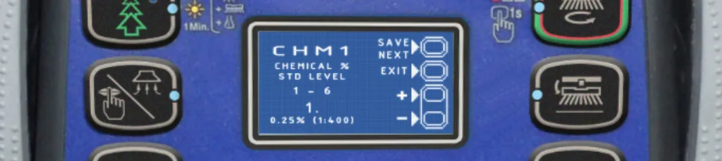 Photo of the machine settings screen showing parameter CHM1, CHEMICAL % STD LEVEL 1 - 6, 1. 0.25% (1:400), with SAVE, NEXT, EXIT, plus and minus labels