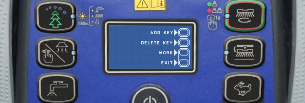 Magnetic smart keys management screen showing ADD KEY, DELETE KEY, WORK and EXIT, each beside one of the right-hand buttons