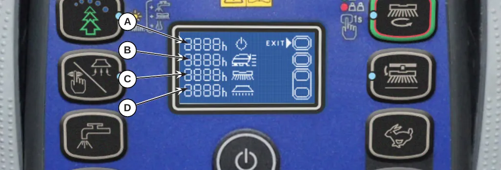 Photo of the operating time counter screen with four hour readouts labeled A (total), B (drive), C (brush) and D (vacuum), and an EXIT label