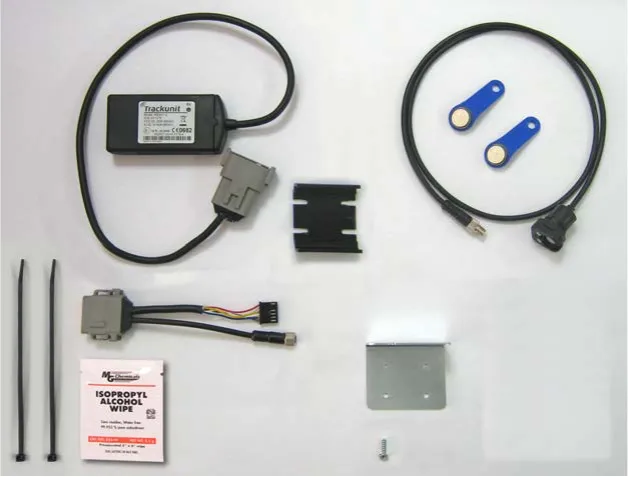 Trackclean kit parts: tracking unit with cable, two key fobs and reader, bracket, cable ties, alcohol wipe and screw