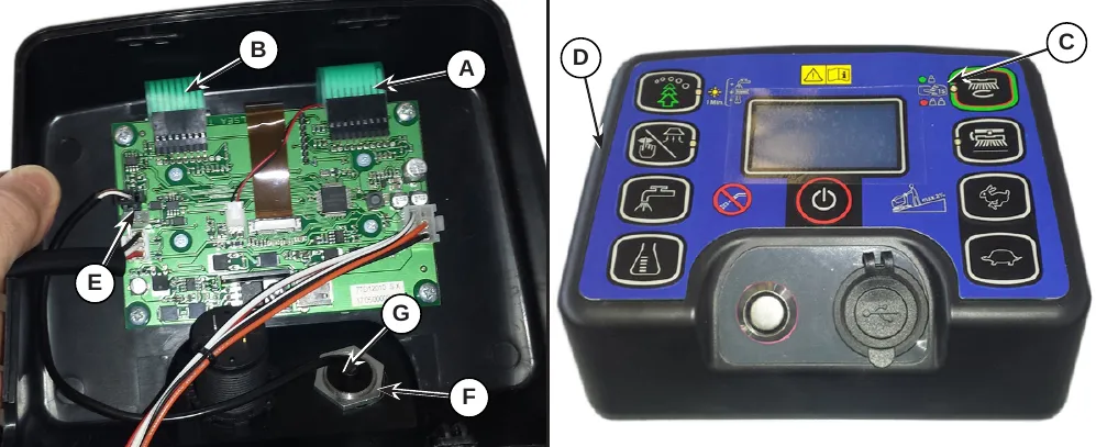 Left: photo of the display controller board inside the housing with flat connections A and B, smart key reader connection E, hexagon F and smart key reader G marked; right: the control panel cover D with the user interface controller C