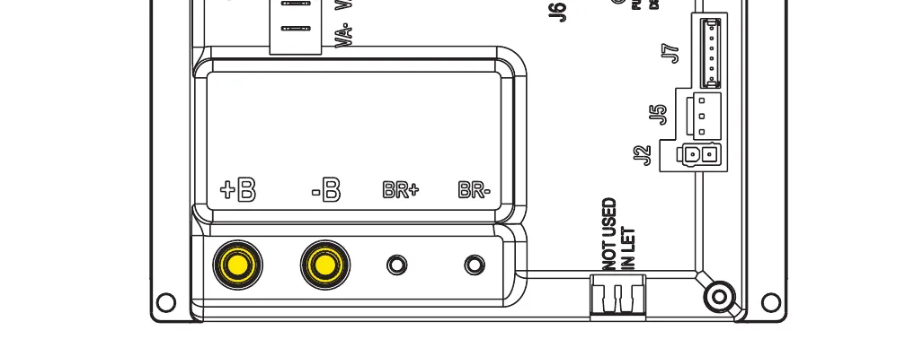Lower part of the Main machine controller showing the +B and -B power terminals highlighted in yellow, the BR+ and BR- terminals, connectors J2, J5 and J7 and the marking NOT USED IN LET