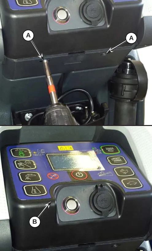 Two photos of the control panel housing: upper photo shows the two screws (A) being unscrewed with a screwdriver; lower photo shows the user interface controller cover (B)