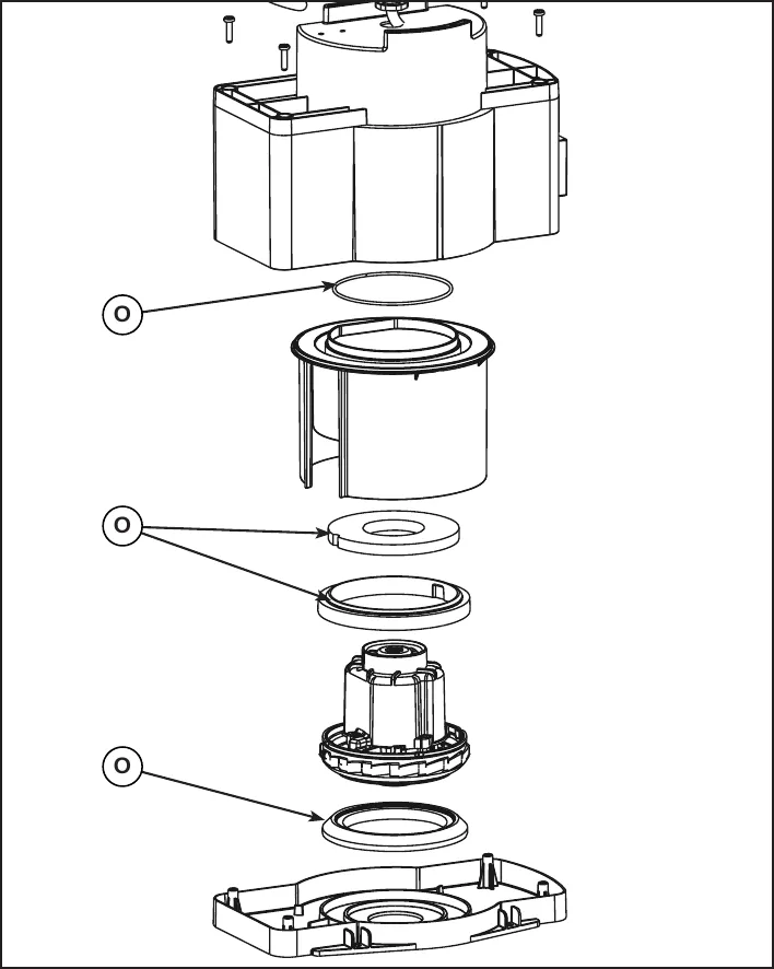 Exploded view of the vacuum motor container, seals, and motor with three callouts (O) marking the seals