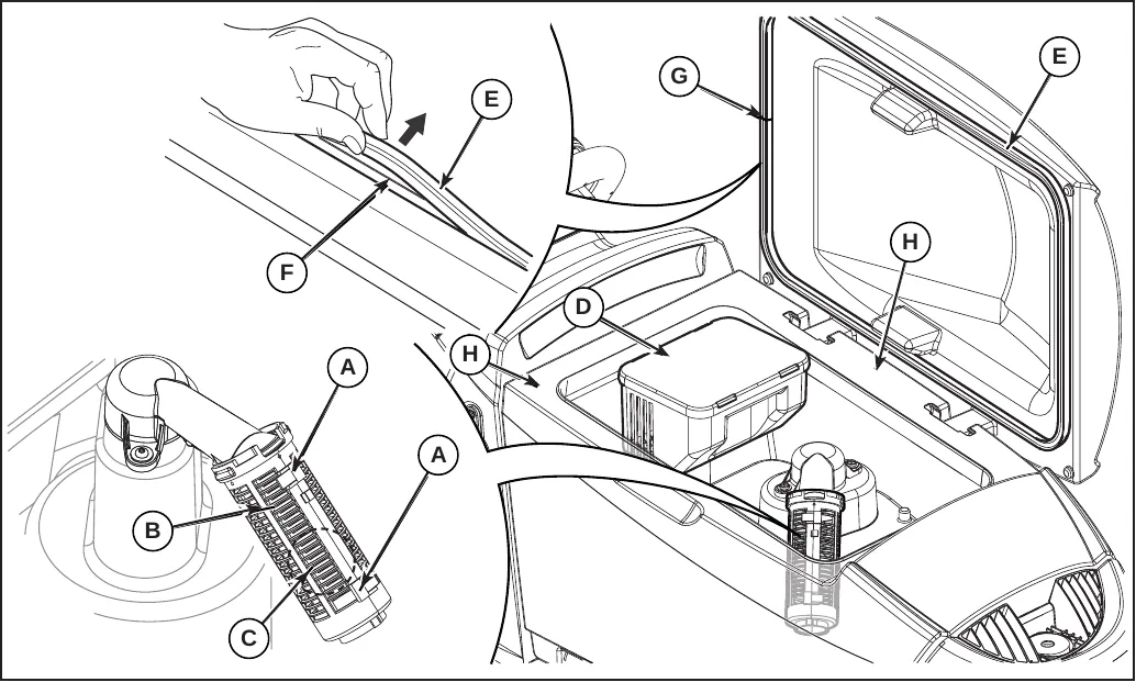 Line drawing of the recovery tank with lettered callouts: fasteners A, vacuum grid B, float C, debris collection tank D, cover gasket E, gasket housing F, gasket joint G and seating surface H