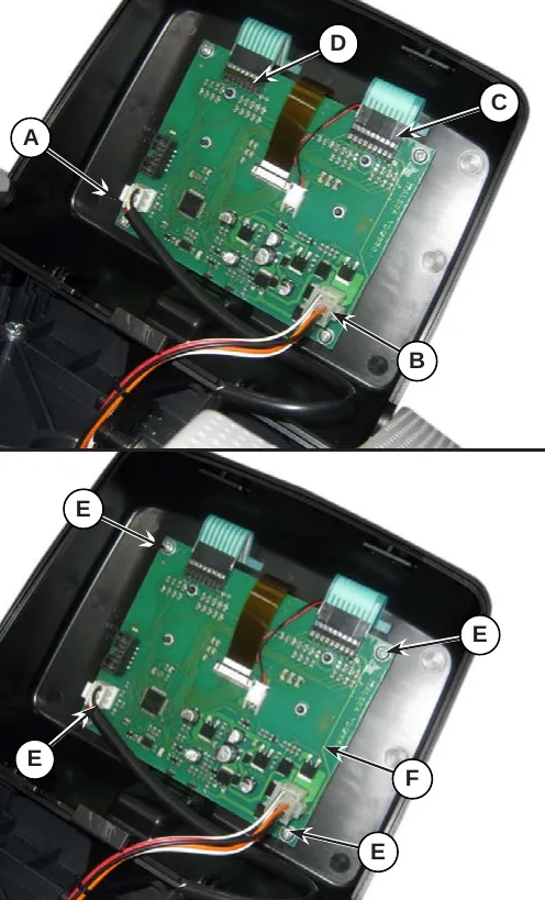 Two photos of the Display controller circuit board: the first with callouts A to D on the connections, the second with callouts E on the four screws and F on the display controller