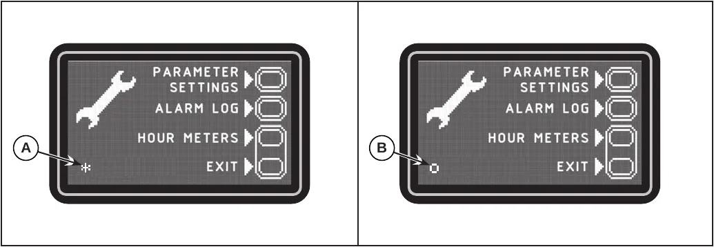 Two views of the multifunction display screen with Parameter settings, Alarm log, Hour meters and Exit. Callout A points to a snowflake-like symbol (tank more than half full) and callout B to a small open circle (tank less than half full).