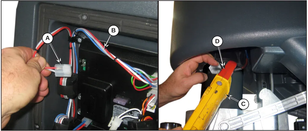 Two photos: left, a hand holding the drive system connector (A) next to the main machine controller (B); right, an amp clamp (C) around a motor wire (D)
