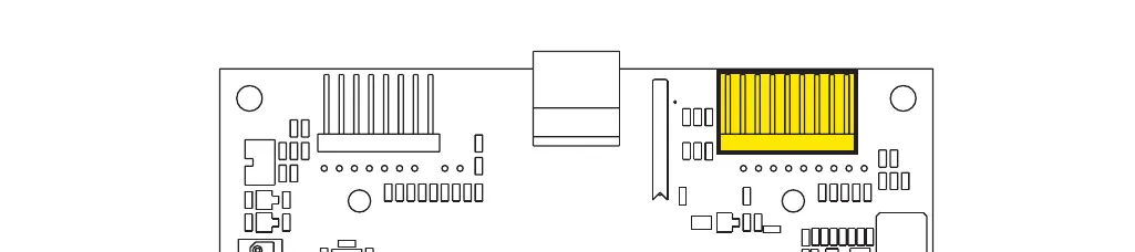 Display controller circuit board with the J2 ribbon connector (9-way) highlighted in yellow