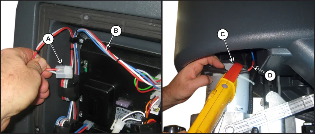 Two photos: the drive system connector A and the Main machine controller B in the electrical compartment, and an amperometric clamp C on a brush motor electrical cable D.