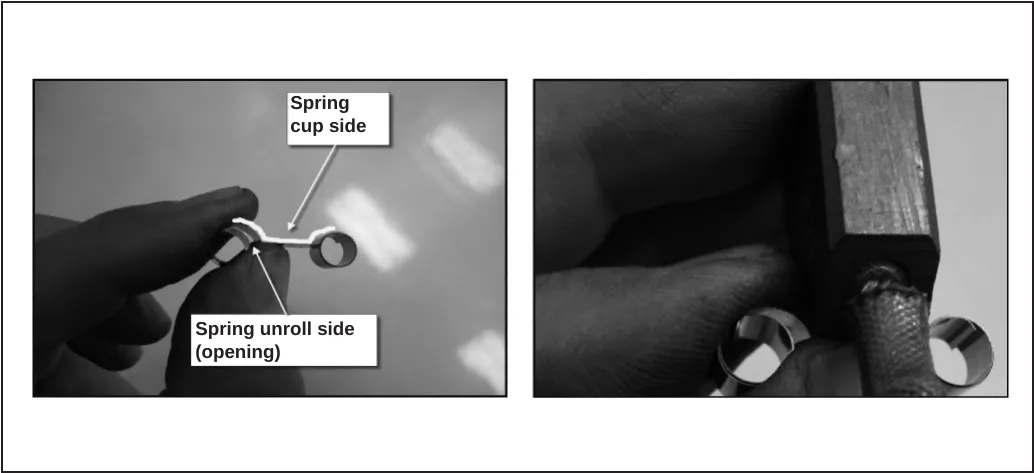 Two photos: left, a carbon brush spring with callouts Spring cup side and Spring unroll side (opening); right, a carbon brush with its wire next to the spring