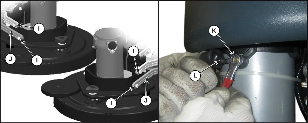 Two views: four screws I fastening the deck raising levers J, and retaining nut K with brush motor power supply cable L.