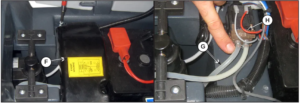 Two photos: left, the cover (F) with a yellow label, next to the battery; right, the hose (G) connected to the detergent pump (H)