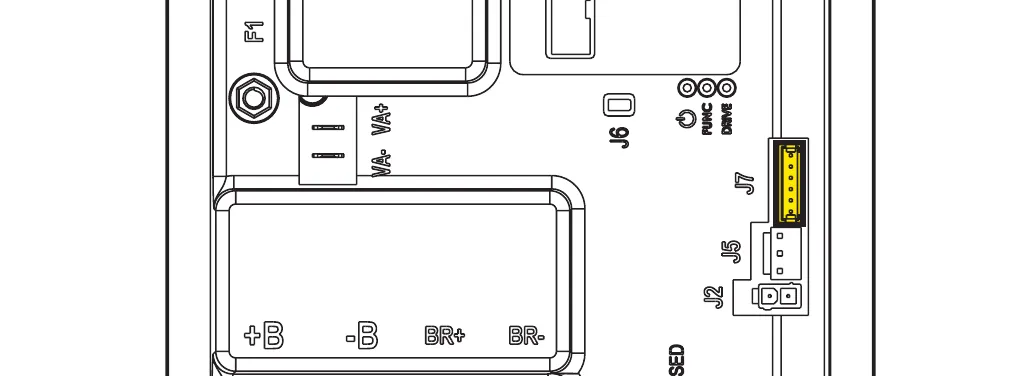 Main machine controller circuit board with the J7 connector (6-way) highlighted in yellow; F1, J5, J6, J2, VA+, VA-, +B, -B, BR+ and BR- are labeled