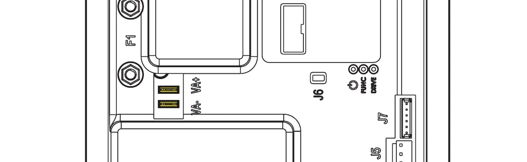 Part of the main machine controller board with the VA+ and VA- vacuum motor terminals highlighted in yellow; F1, J6, J7 and J5 are labeled