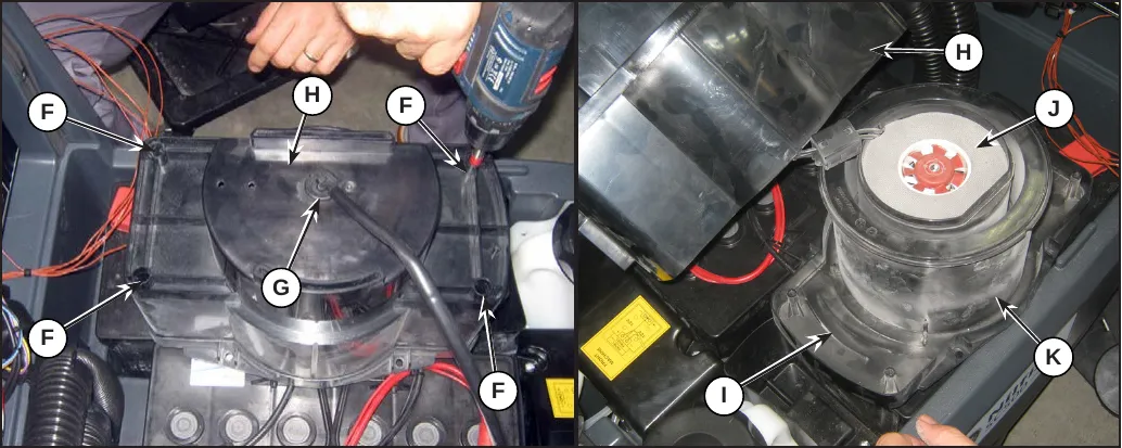 Two photos: 4 screws (F), retaining strap (G) and external soundproofing support (H); then the internal soundproofing support (I), seal (J) and internal support (K)