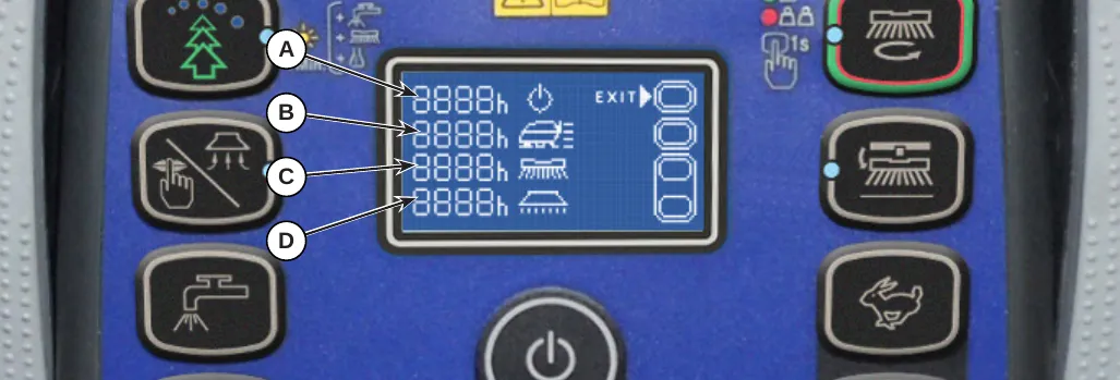 Operating time counter screen with four hour readouts labeled A (TOTAL, power symbol), B (DRIVE, machine symbol), C (BRUSH, brush symbol) and D (VACUUM, vacuum symbol), and an EXIT label beside the top right button