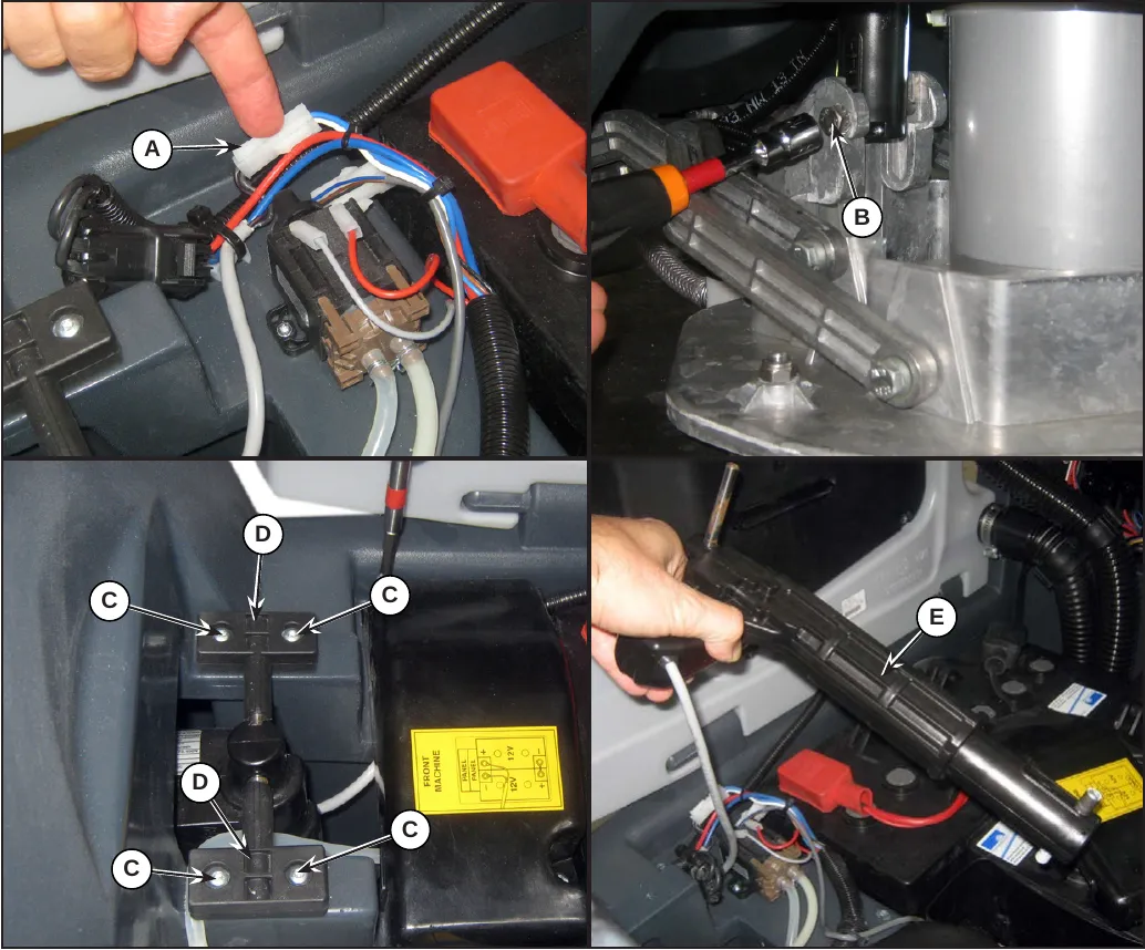 Four photos: the actuator connector (A); the screw (B) on the lower pin; the screws (C) and plates (D); the actuator (E) being removed