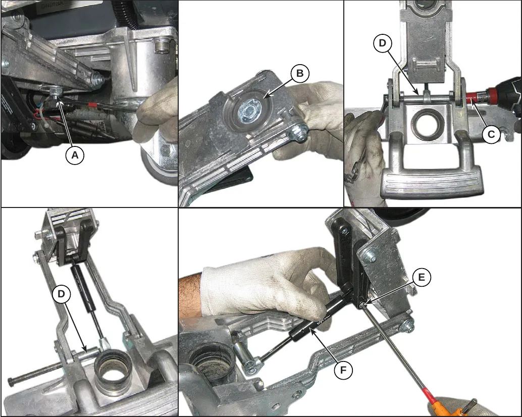 Five photos of the squeegee support: nut (A), bushings and spacers (B), screw (C) with spacers (D), second set of spacers (D), and screw (E) with the gas spring (F)
