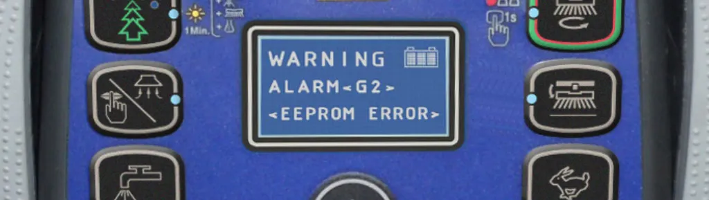 Photo of the display showing WARNING, ALARM G2, EEPROM ERROR