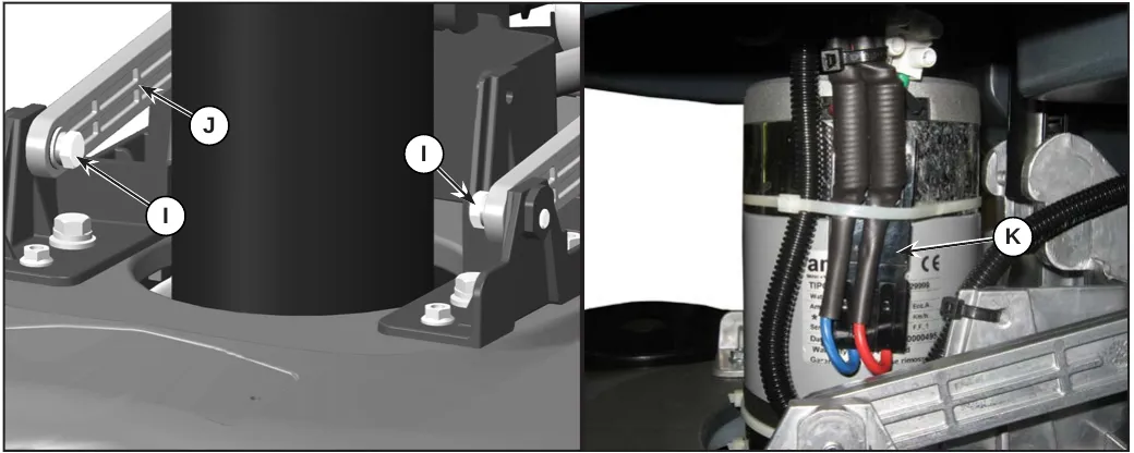 Two photos: left, the two screws (I) fastening the deck raising levers (J); right, the REV motor power supply connections (K)