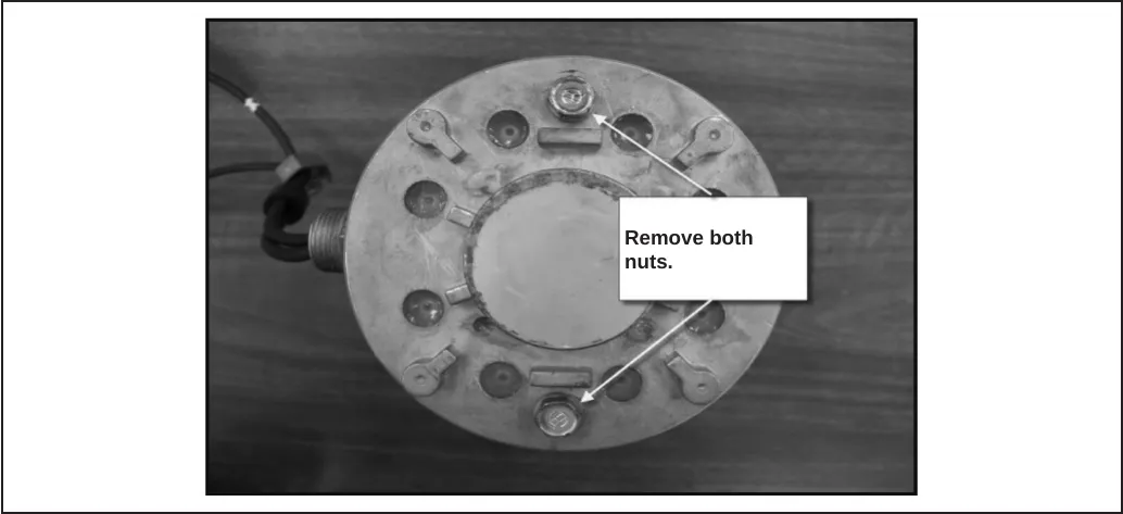 Photo of the motor end plate seen from below with two nuts; callout text reads: Remove both nuts.