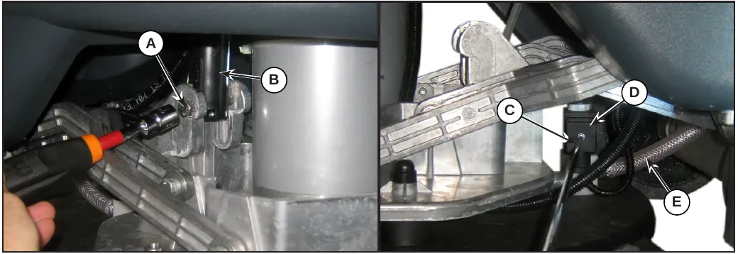 Two photos: left, a screw (A) on the pin of the actuator (B); right, the connection (C) on the solenoid valve (D) and the detergent supply hose (E)