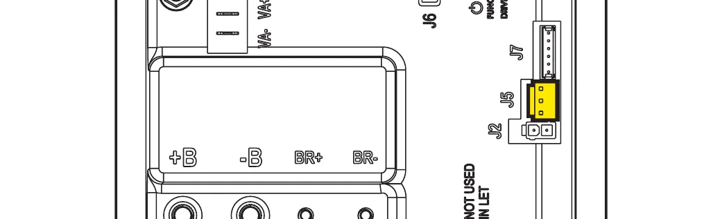 Part of the main machine controller board with the J5 connector (3-way) highlighted in yellow; J6, J7, J2, VA+, VA-, +B, -B, BR+ and BR- are labeled