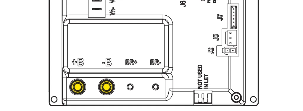 Drawing of the lower part of the Main machine controller showing the +B, -B, BR+ and BR- terminals, with the +B and -B power terminals highlighted, and connectors J2, J5 and J7