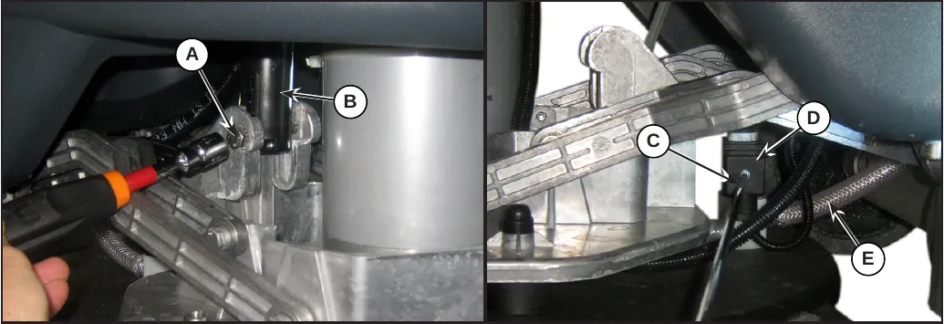 Two photos: screw A on the pin of actuator B, and connection C on solenoid valve D with detergent supply hose E.