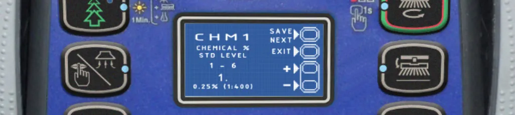 Machine settings screen showing parameter CHM1, CHEMICAL % STD LEVEL 1 - 6, value 1. 0.25% (1:400), with SAVE, NEXT, EXIT, + and - labels beside the right-hand buttons