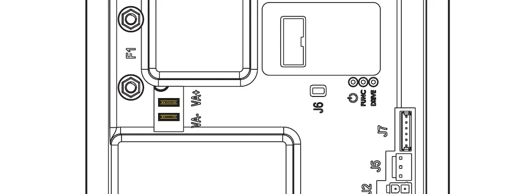 Upper left part of the Main machine controller showing fuse F1, the VA+ and VA- faston connectors, connector J6 with the FUNC and DRIVE LEDs, and connectors J7, J5 and J2
