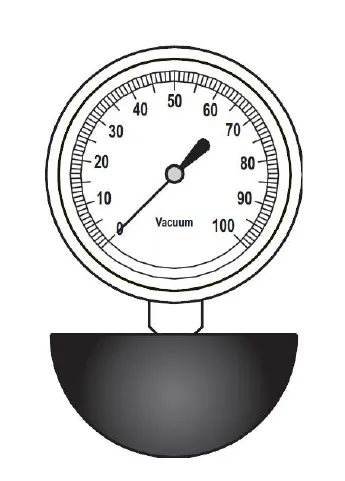 Round vacuum water lift gauge with a dial from 0 to 100 marked Vacuum, mounted on a black rubber cup